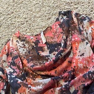 Sweet Pea by Stacy Frati Mesh Cowl Neck Ruched Top Pink Pixel Print Medium